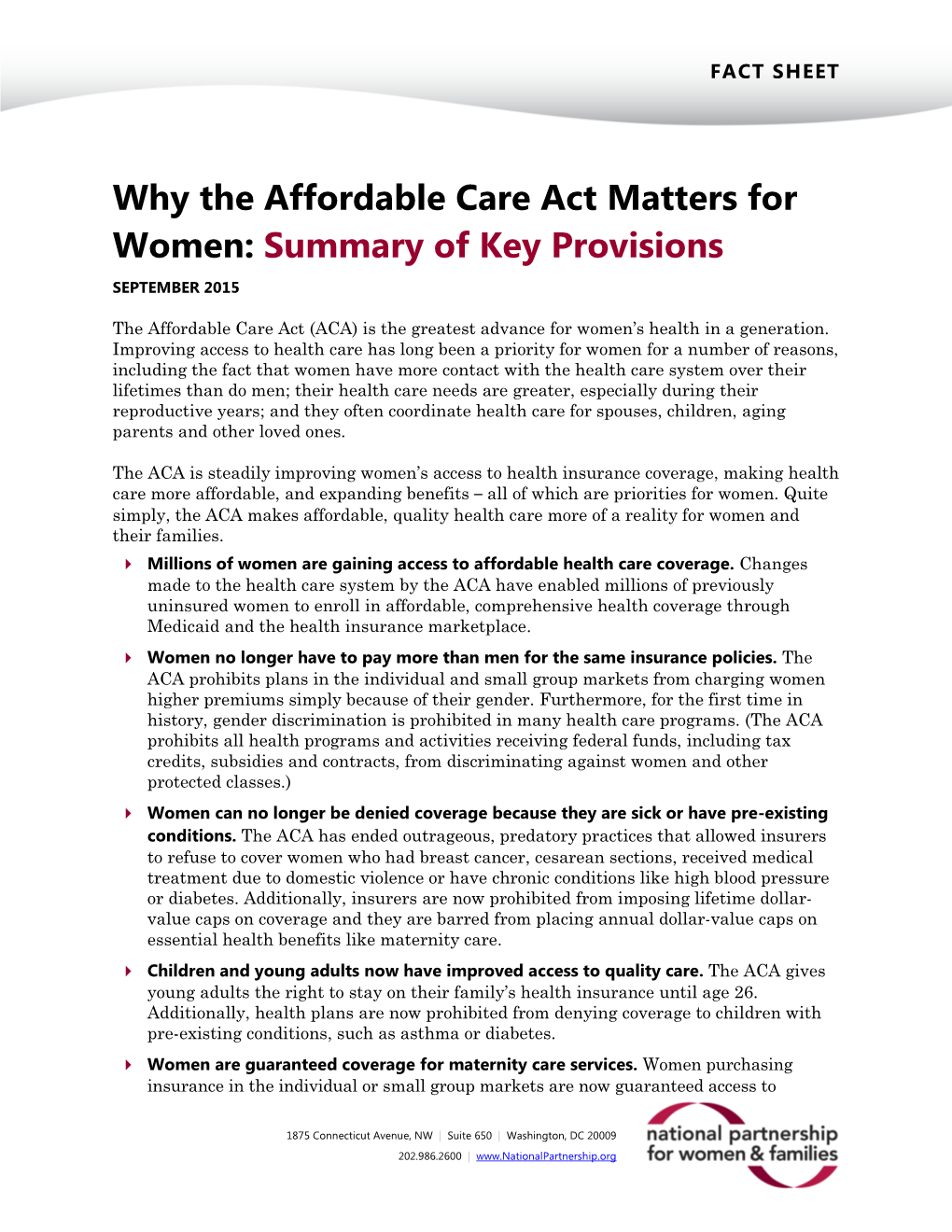 Why the Affordable Care Act Matters for Women: Summary of Key Provisions