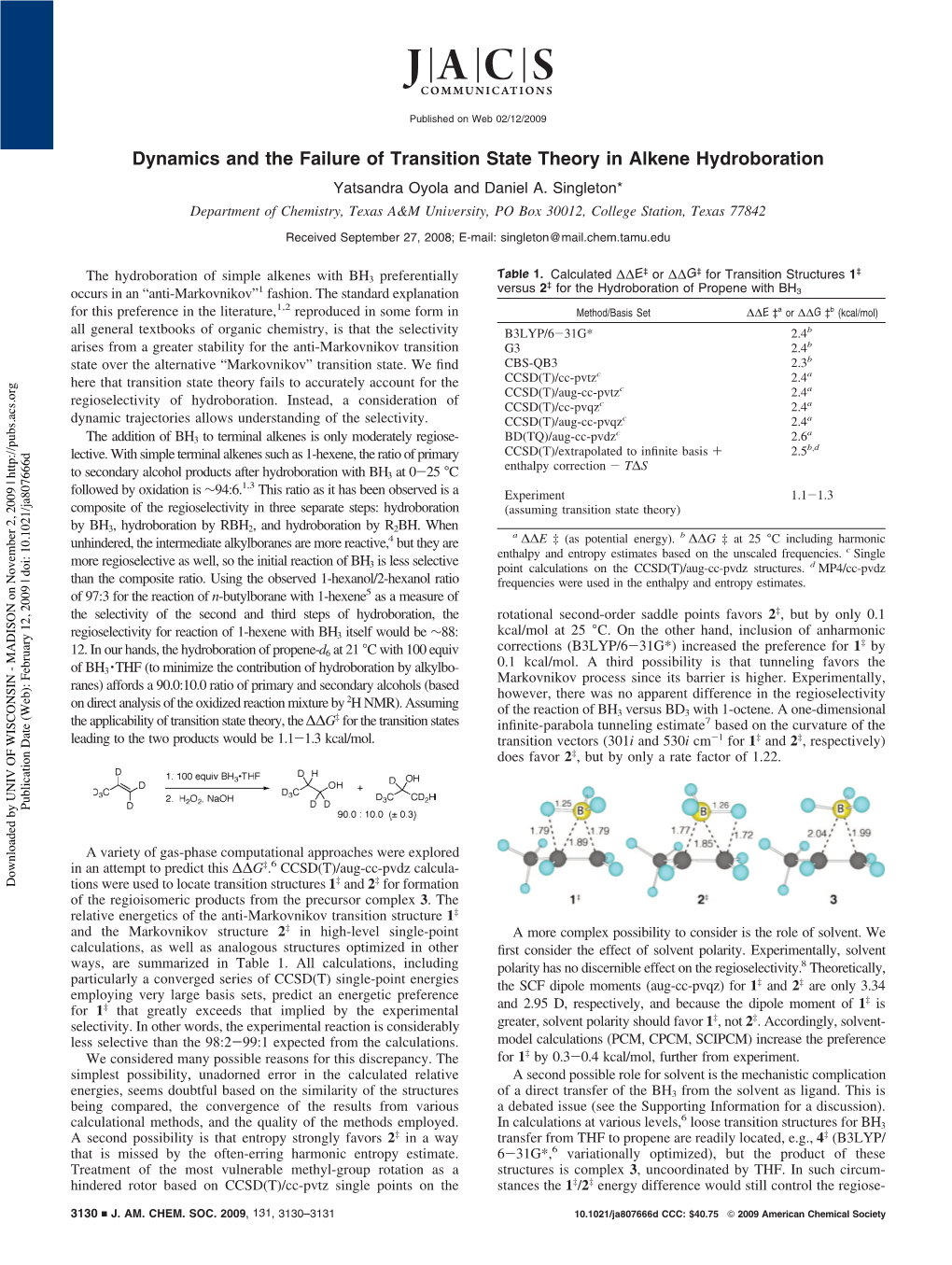 Dynamics and the Failure of Transition State Theory in Alkene Hydroboration Yatsandra Oyola and Daniel A