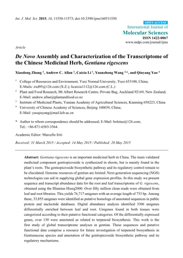 De Novo Assembly and Characterization of the Transcriptome of the Chinese Medicinal Herb, Gentiana Rigescens