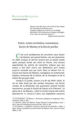 Patrie, Contrerévolution, Romantisme. Xavier De Maistre Et La Savoie Perdue