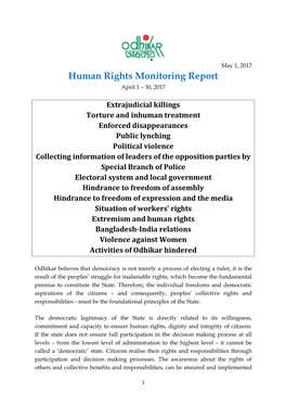 Human Rights Monitoring Report April 1 – 30, 2017