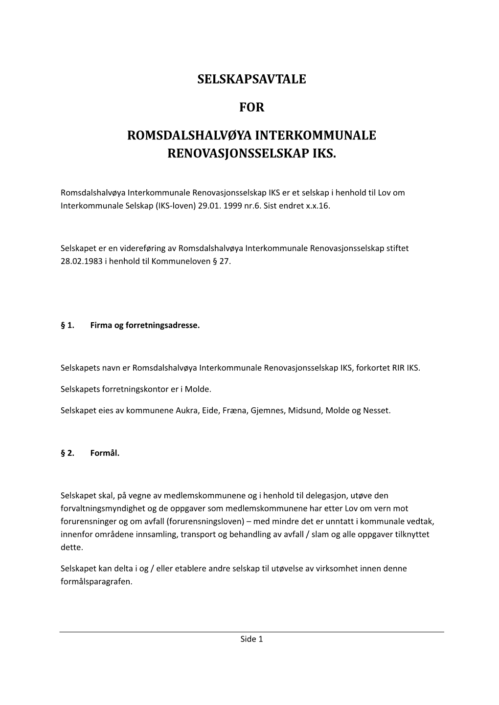 Selskapsavtale for Romsdalshalvøya Interkommunale
