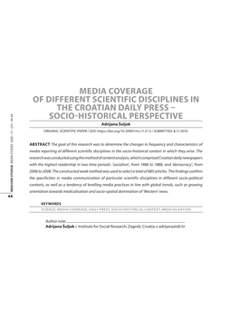 Media Coverage of Different Scientific Disciplines in the Croatian Daily Press – Socio-Historical Perspective 44-65