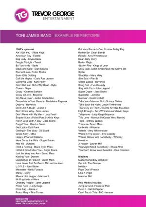 Toni James Band | Example Repertoire