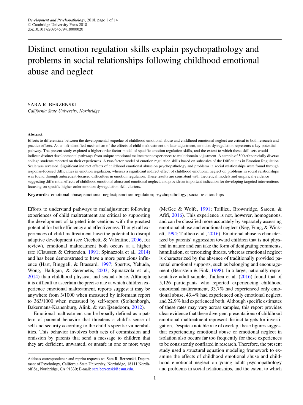 Distinct Emotion Regulation Skills Explain Psychopathology and Problems in Social Relationships Following Childhood Emotional Abuse and Neglect