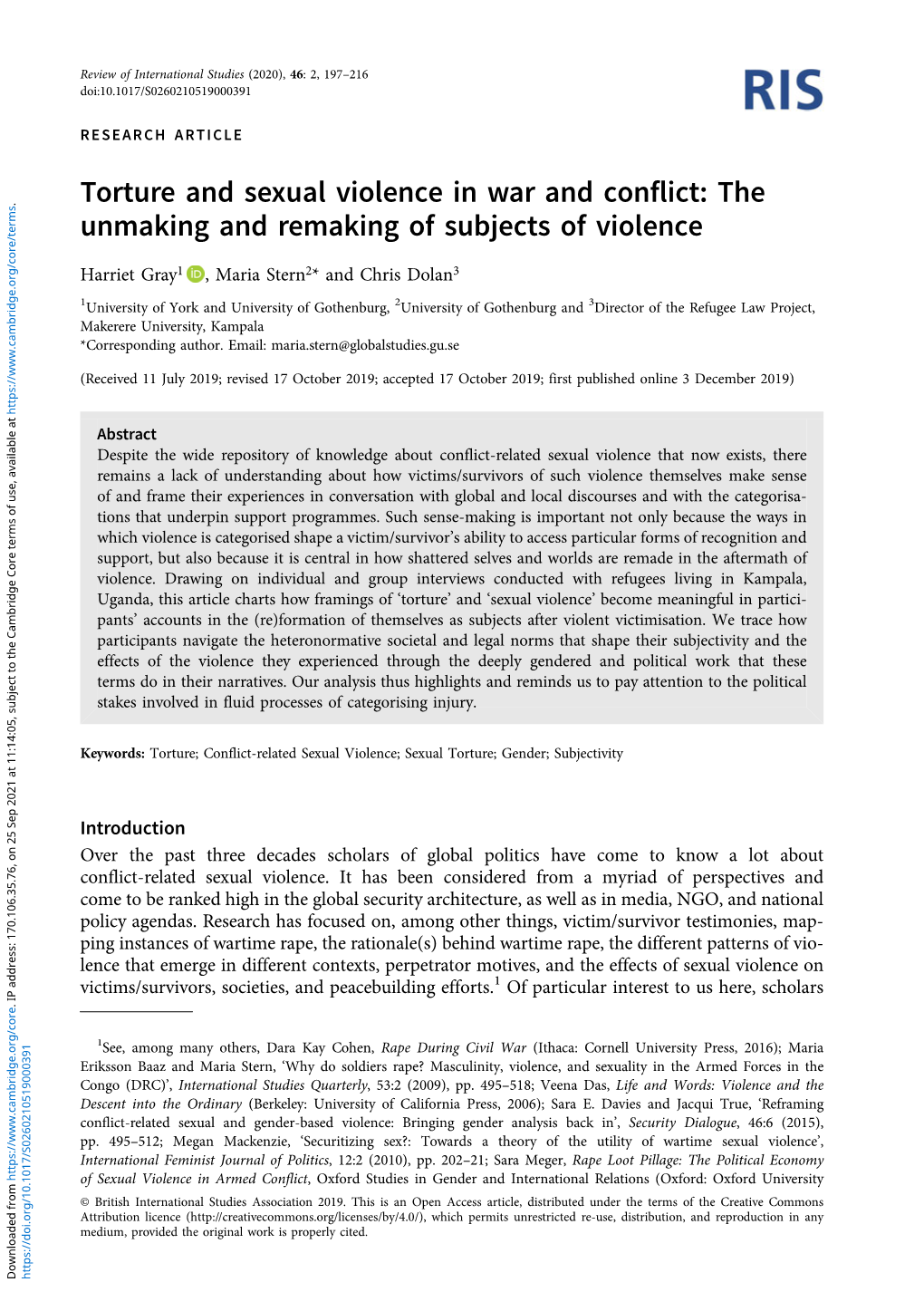 Torture and Sexual Violence in War and Conflict: the Unmaking and Remaking of Subjects of Violence