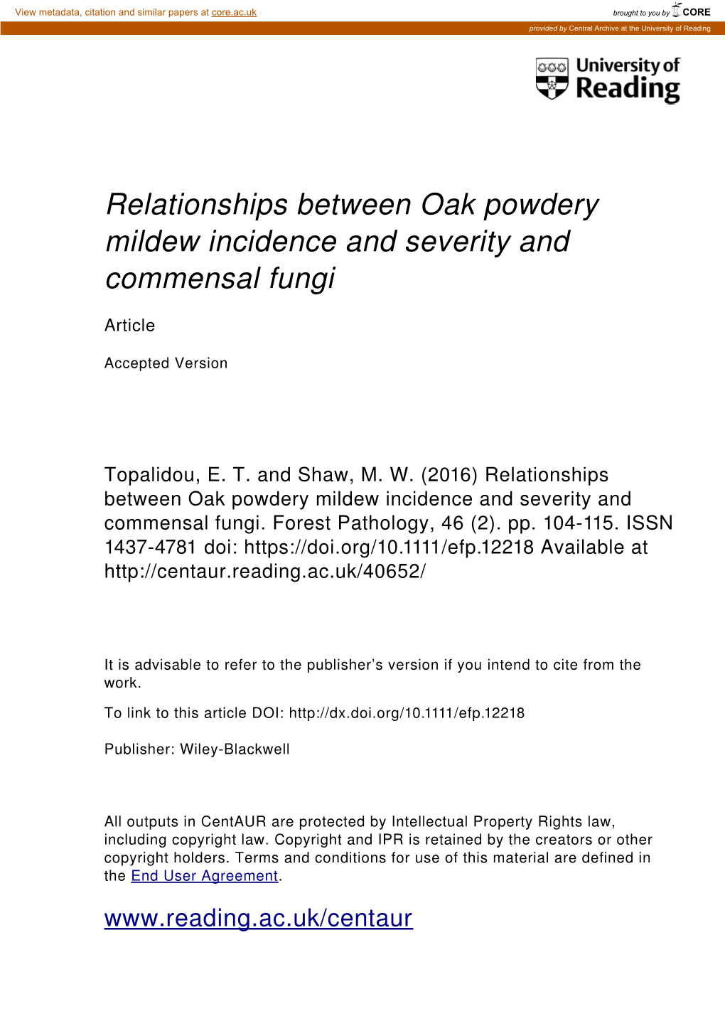 Relationships Between Oak Powdery Mildew Incidence and Severity and Commensal Fungi