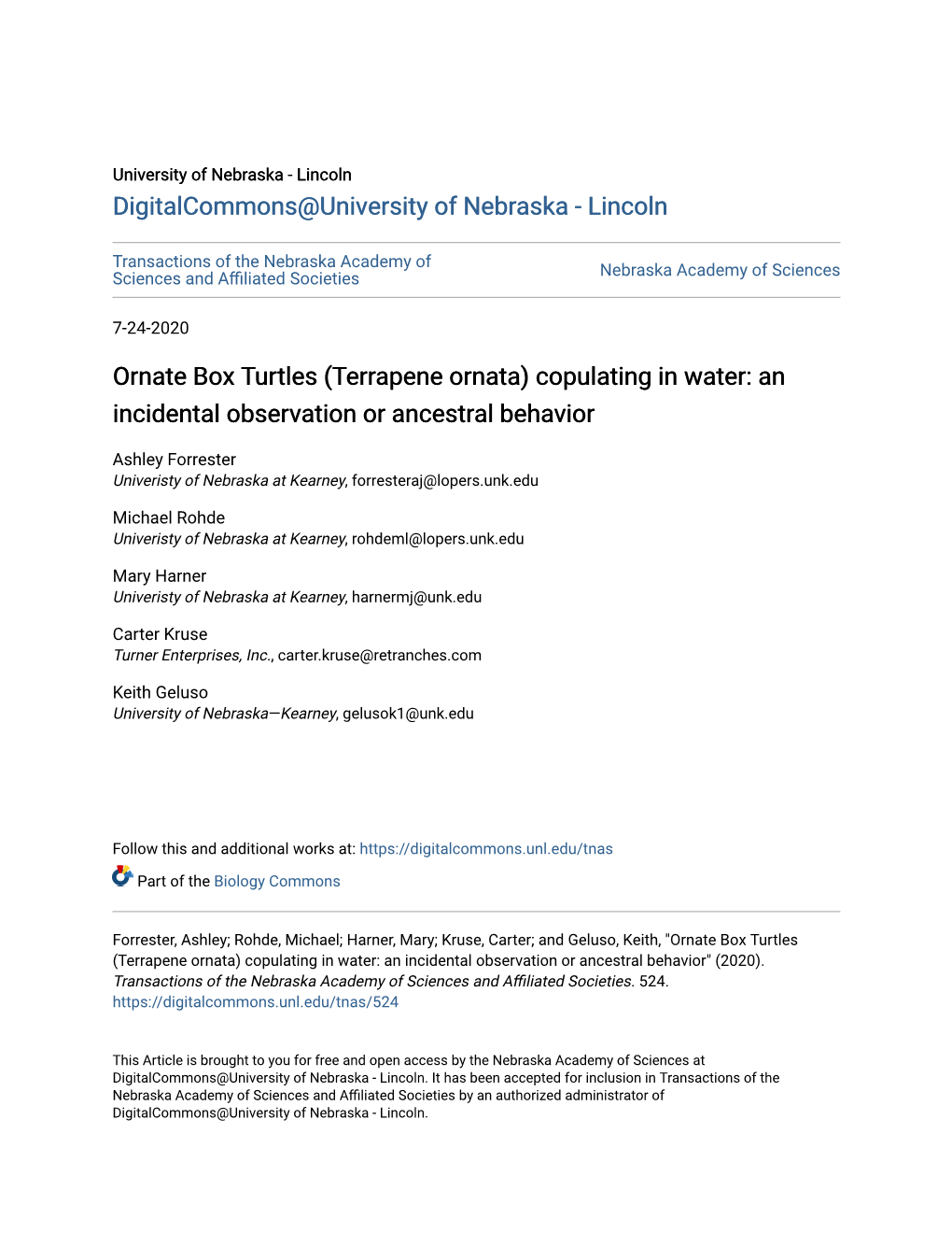 Ornate Box Turtles (Terrapene Ornata) Copulating in Water: an Incidental Observation Or Ancestral Behavior