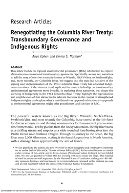 Research Articles Renegotiating the Columbia River Treaty: Transboundary Governance and Indigenous Rights • Alice Cohen and Emma S