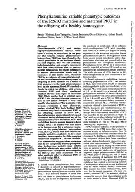 Phenylketonuria: Variable Phenotypic Outcomes of the R261Q Mutation and Maternal PKU in J Med Genet: First Published As 10.1136/Jmg.30.4.284 on 1 April 1993