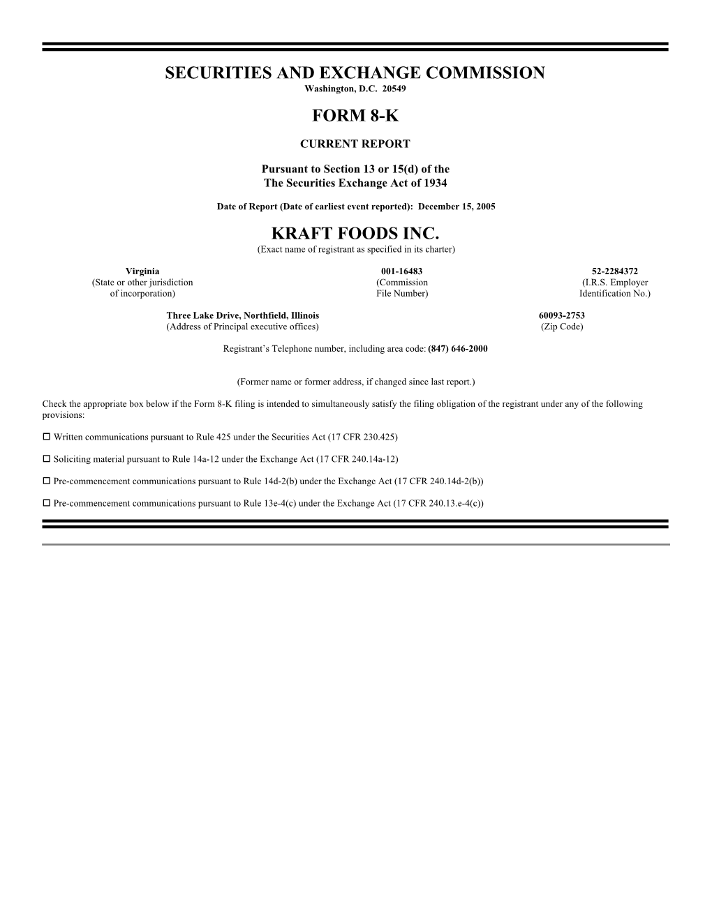 Securities and Exchange Commission Form 8-K Kraft