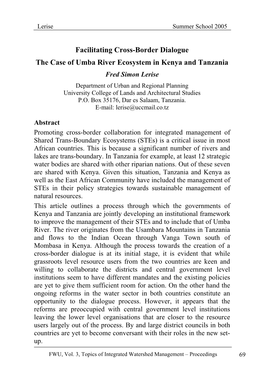 Facilitating Cross-Border Dialogue the Case of Umba River Ecosystem in Kenya and Tanzania