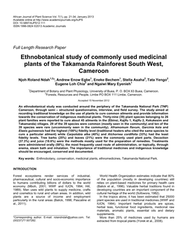 Ethnobotanical Study of Commonly Used Medicinal Plants of the Takamanda Rainforest South West, Cameroon