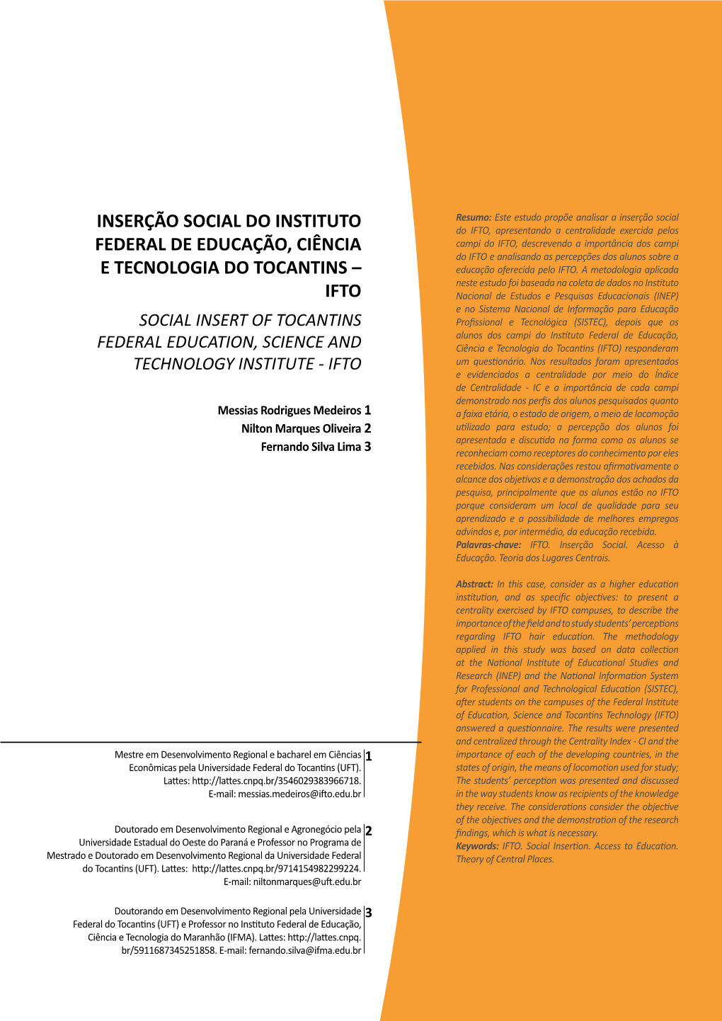 Inserção Social Do Instituto Federal De Educação, Ciência E Tecnologia Do Tocantins