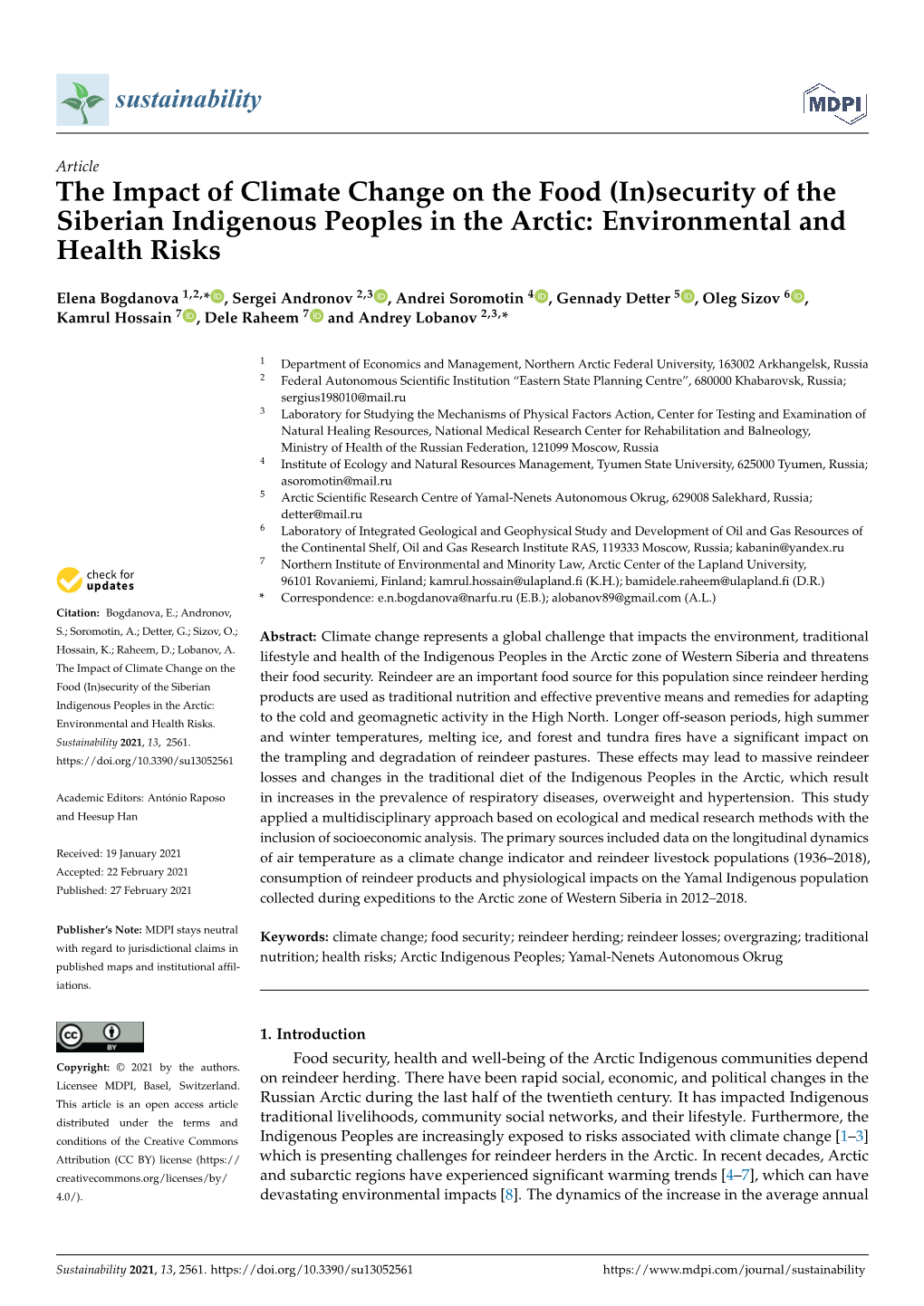 The Impact of Climate Change on the Food (In)Security of the Siberian Indigenous Peoples in the Arctic: Environmental and Health Risks