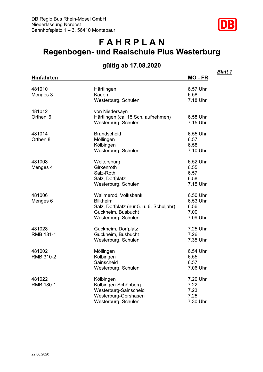 F a H R P L a N Regenbogen- Und Realschule Plus Westerburg