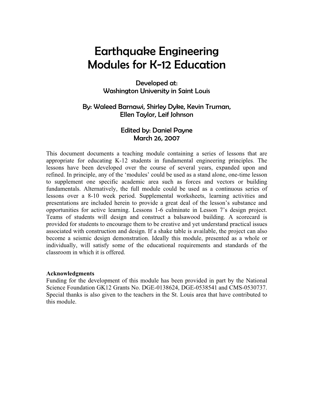 Earthquake Engineering Modules for K-12 Education