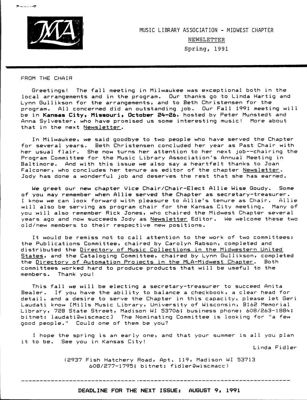 MIDWEST CHAPTER NEWSLETTER Spring, 1991