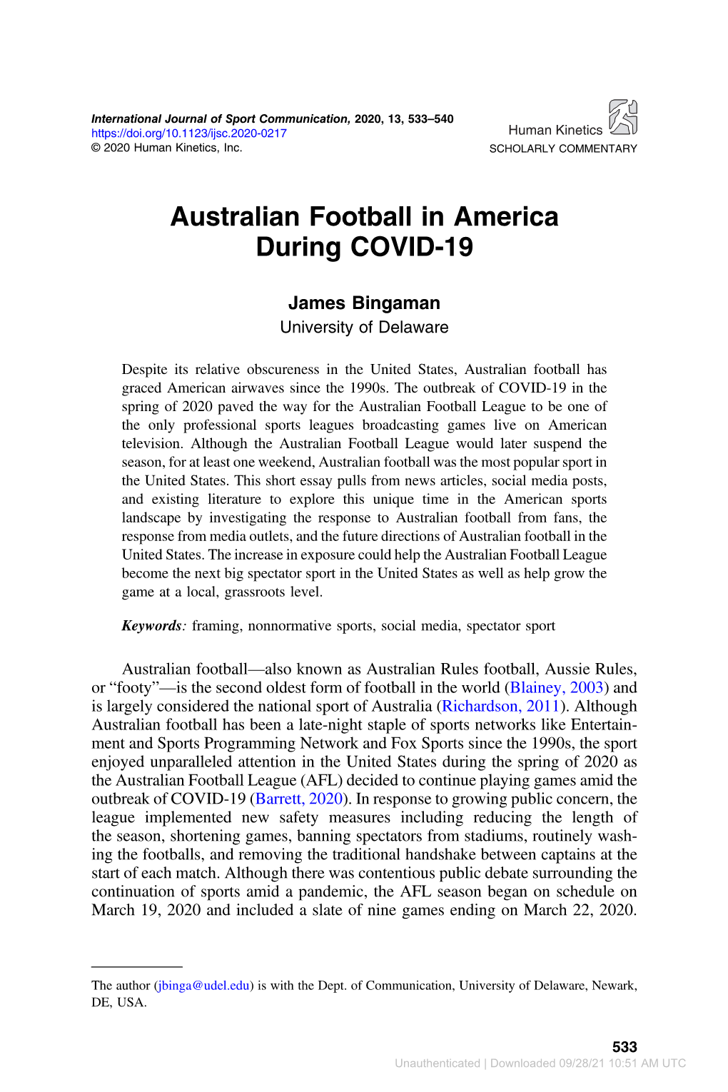 Australian Football in America During COVID-19