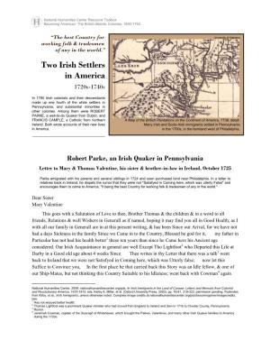 Two Irish Settlers in America, 1720S-1740S, Robert Parke
