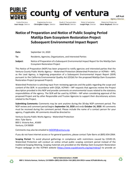Notice of Preparation and Notice of Public Scoping Period Matilija Dam Ecosystem Restoration Project Subsequent Environmental Impact Report