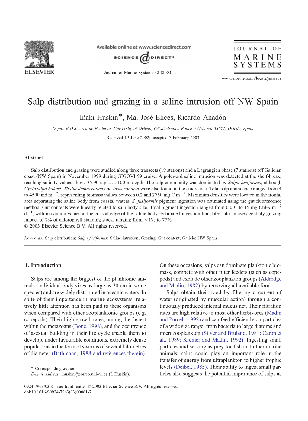 Salp Distribution and Grazing in a Saline Intrusion Off NW Spain