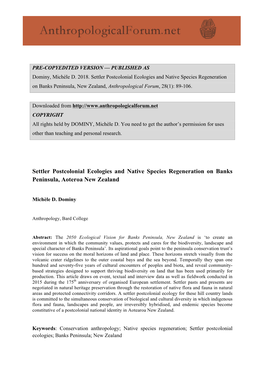 Settler Postcolonial Ecologies and Native Species Regeneration on Banks Peninsula, New Zealand, Anthropological Forum, 28(1): 89-106