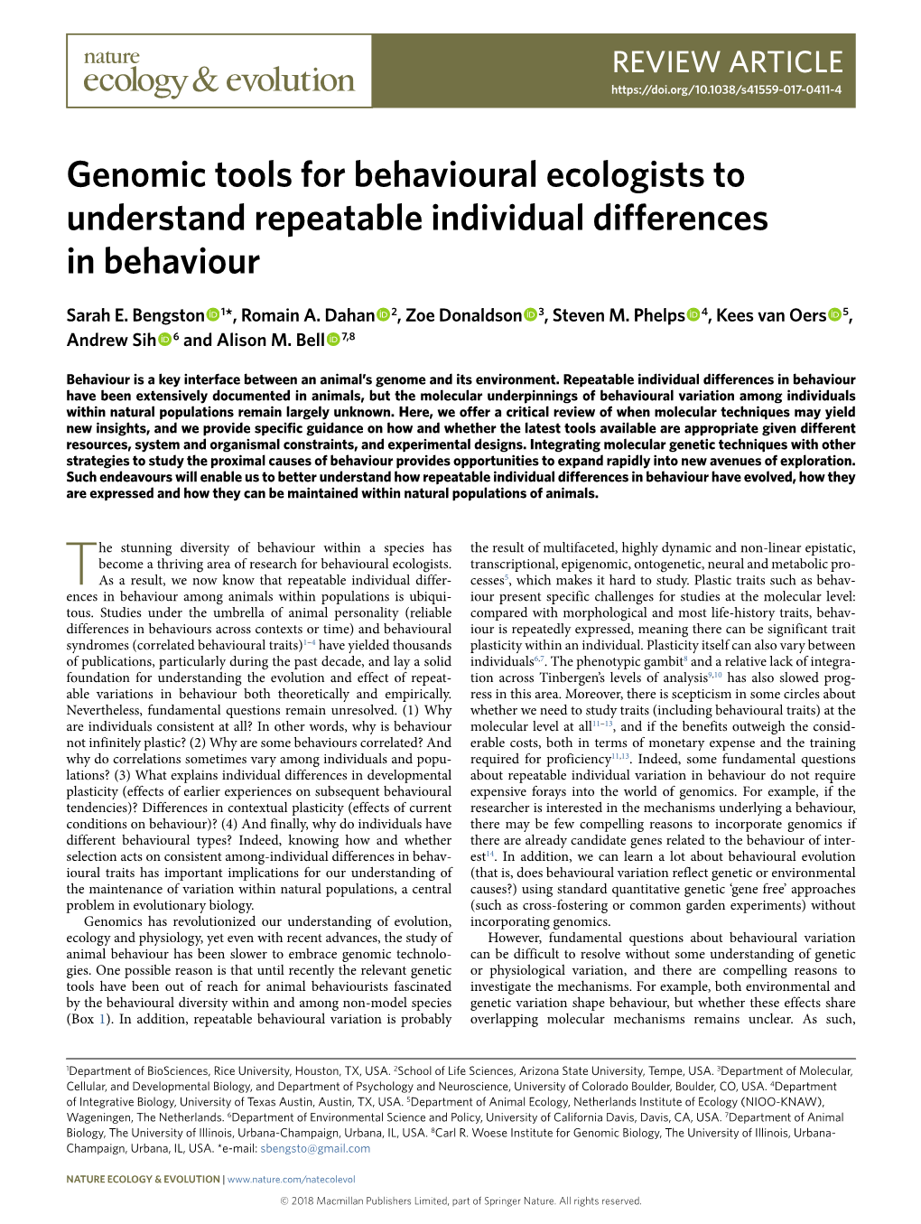Genomic Tools for Behavioural Ecologists to Understand Repeatable Individual Differences in Behaviour