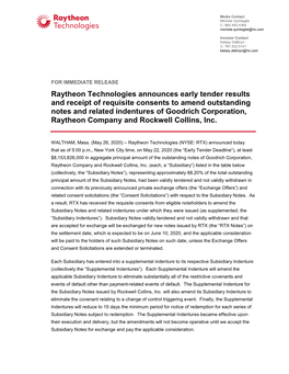 Raytheon Technologies Announces Early Tender Results and Receipt Of