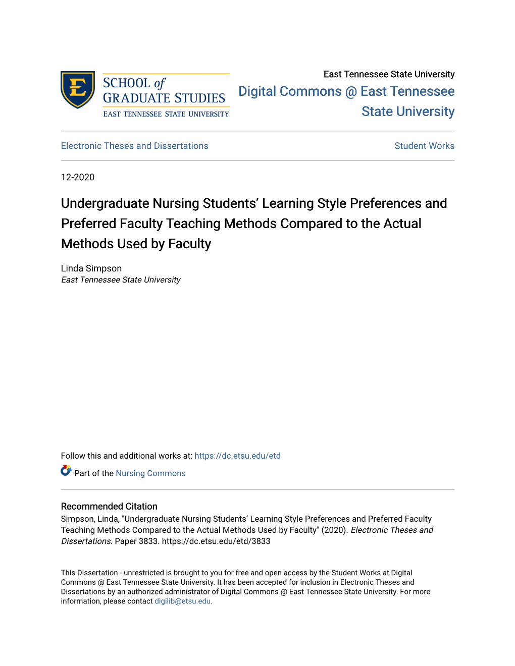 Undergraduate Nursing Students' Learning Style Preferences and Preferred Faculty Teaching Methods Compared to the Actual Metho