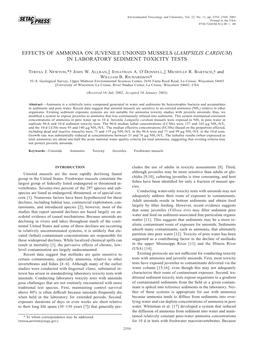 Effects of Ammonia on Juvenile Unionid Mussels (Lampsilis Cardium) in Laboratory Sediment Toxicity Tests
