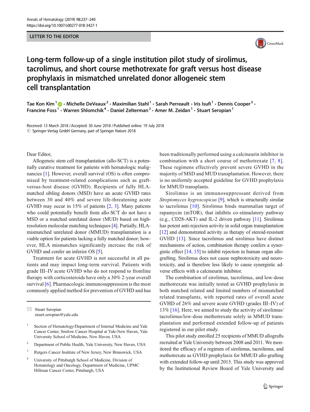 Long-Term Follow-Up of a Single Institution Pilot Study of Sirolimus