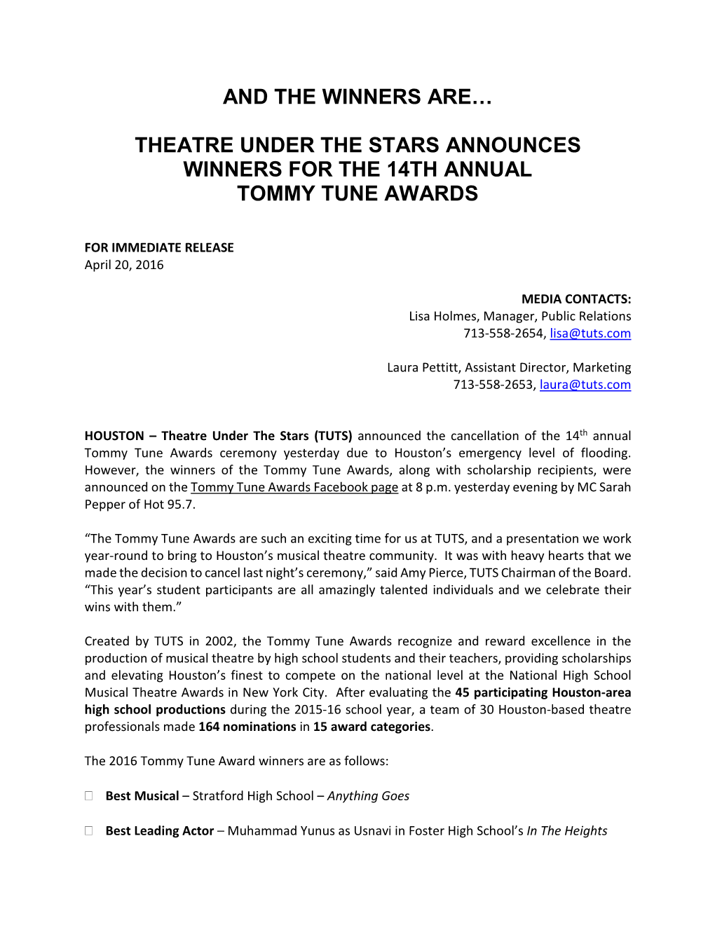 Theatre Under the Stars Announces Winners for the 14Th Annual Tommy Tune Awards