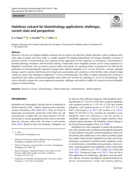 Haloferax Volcanii for Biotechnology Applications: Challenges, Current State and Perspectives