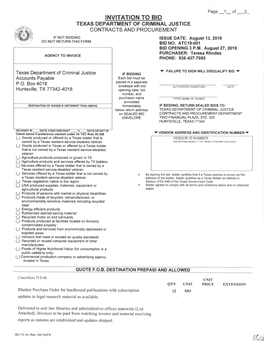 INVITATION to BID TEXAS DEPARTMENT of CRIMINAL JUSTICE CONTRACTS and PROCUREMENT IF NOT BIDDING ISSUE DATE: August 13,2018 DO NOT RETURN THIS FORM, Btd NO