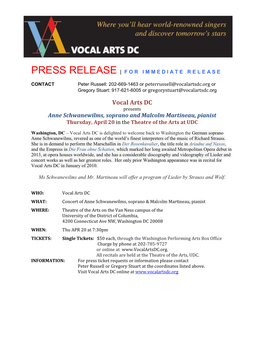 Vocal Arts DC Presents Anne Schwanewilms, Soprano and Malcolm Martineau, Pianist Thursday, April 20 in the Theatre of the Arts at UDC