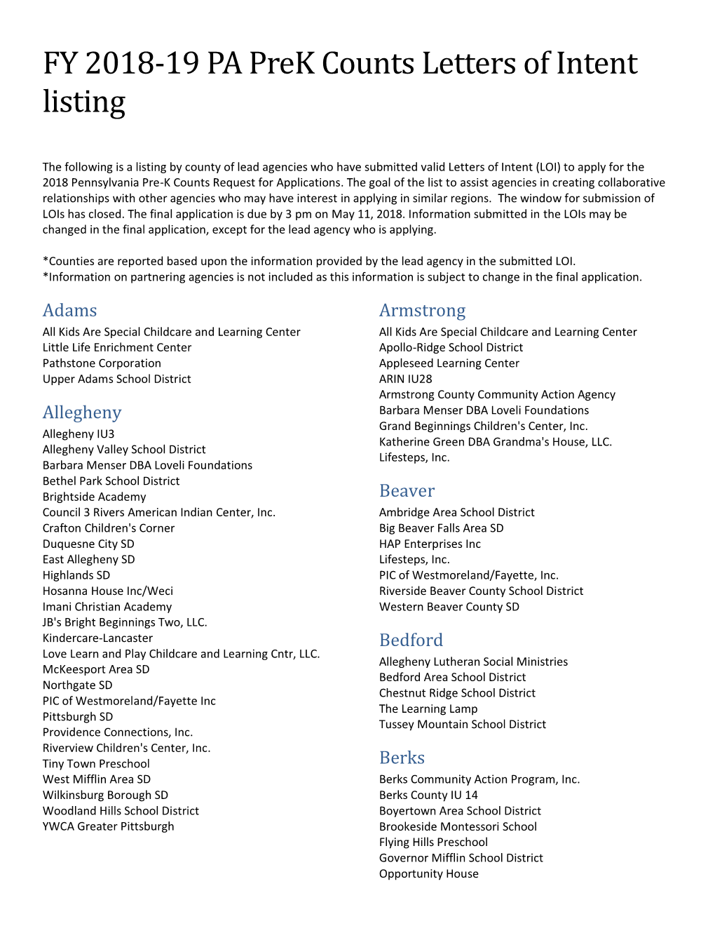 FY 2018-19 PA Prek Counts Letters of Intent Listing