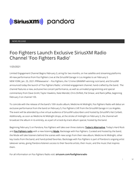 Foo Fighters Launch Exclusive Siriusxm Radio Channel 'Foo Fighters Radio'