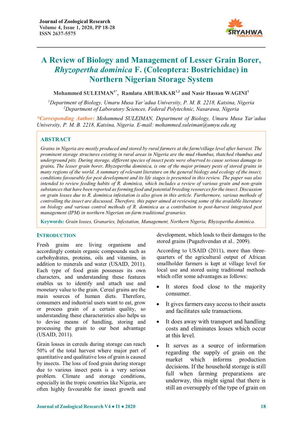 A Review of Biology and Management of Lesser Grain Borer, Rhyzopertha Dominica F