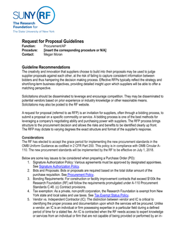 Request for Proposal Guidelines Function: Procurement/AP Procedure: [Insert the Corresponding Procedure Or N/A] Contact: Megan Moran