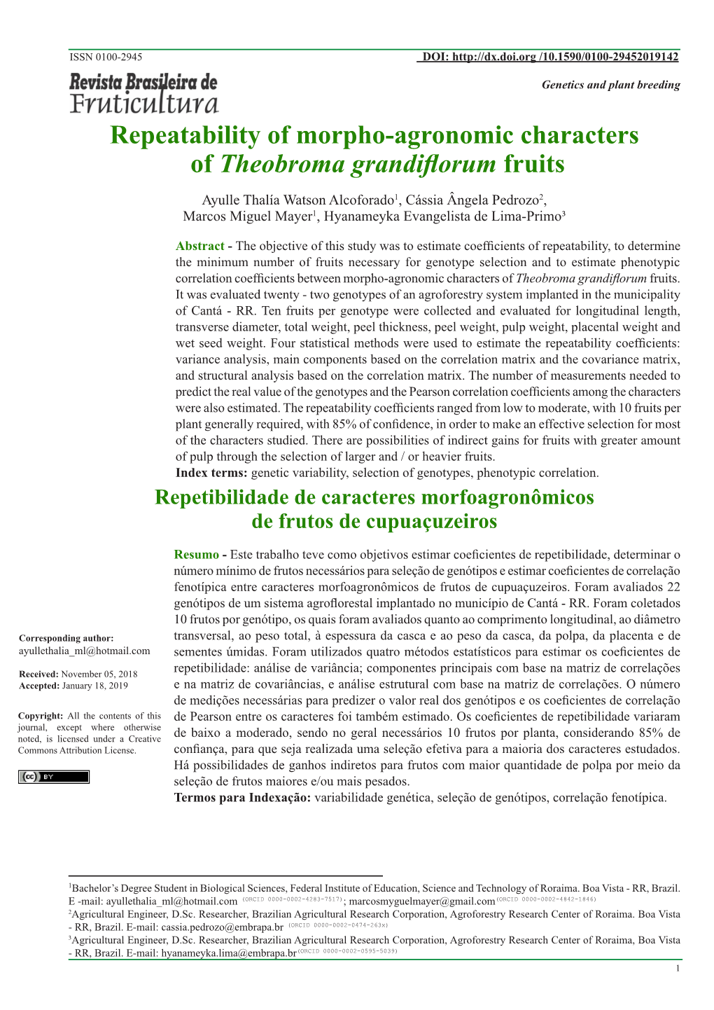 Repeatability of Morpho-Agronomic Characters Of