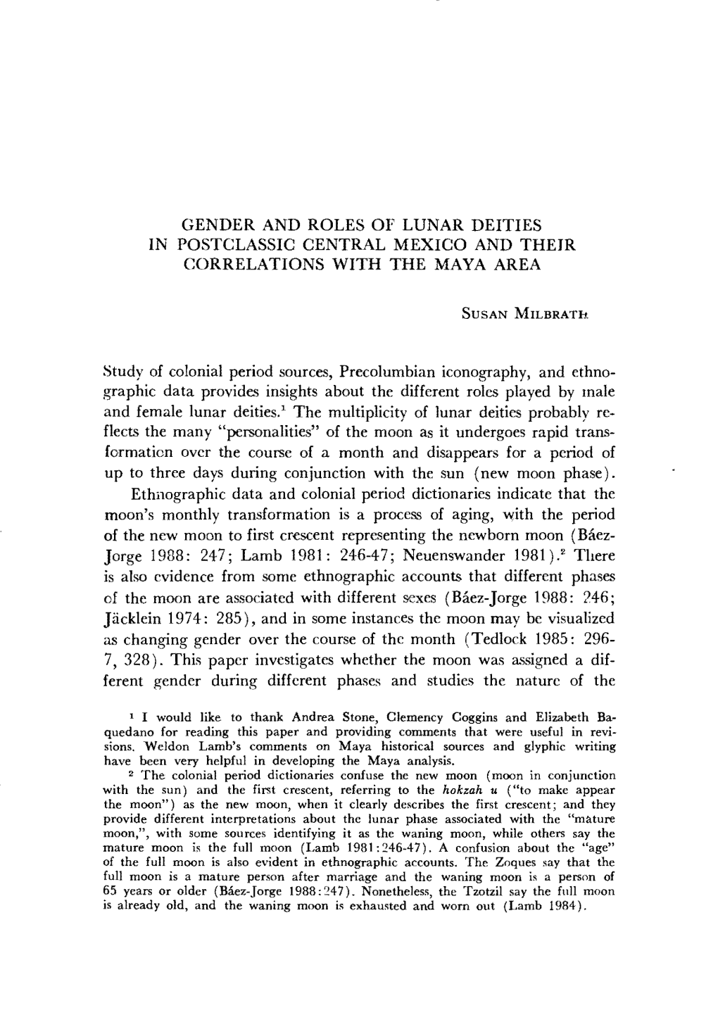 Gender and Roles Oy Lunar Deities in Postclassic Central Mexico and Thejr Correlations with the Maya Area
