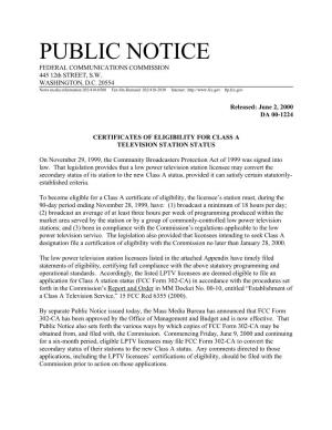 PUBLIC NOTICE FEDERAL COMMUNICATIONS COMMISSION 445 12Th STREET, S.W