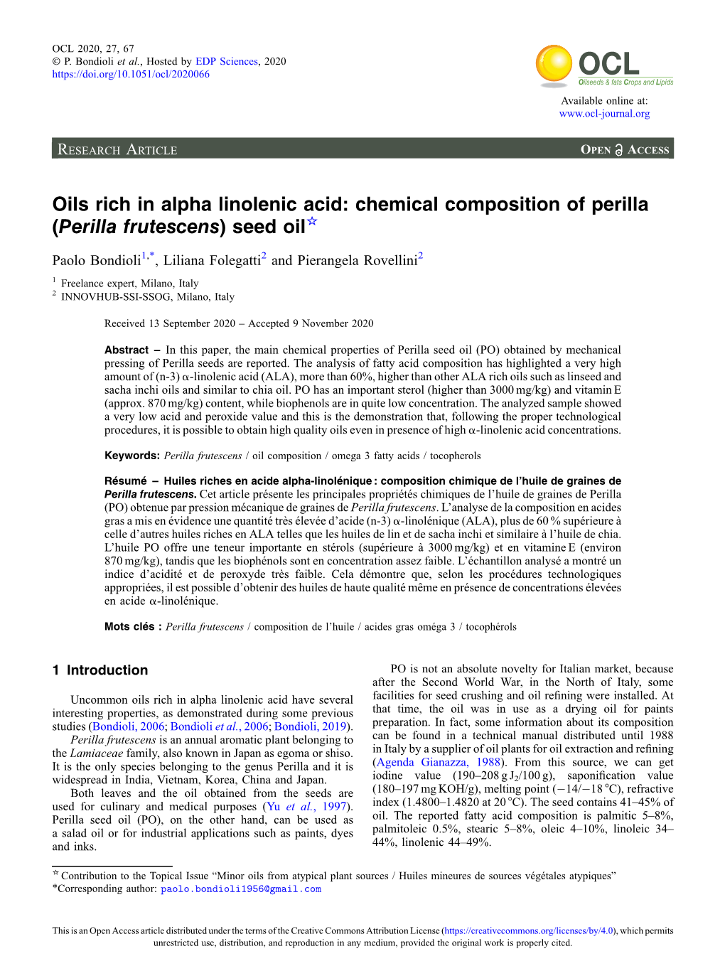 Oils Rich in Alpha Linolenic Acid: Chemical Composition of Perilla (Perilla Frutescens) Seed Oil☆