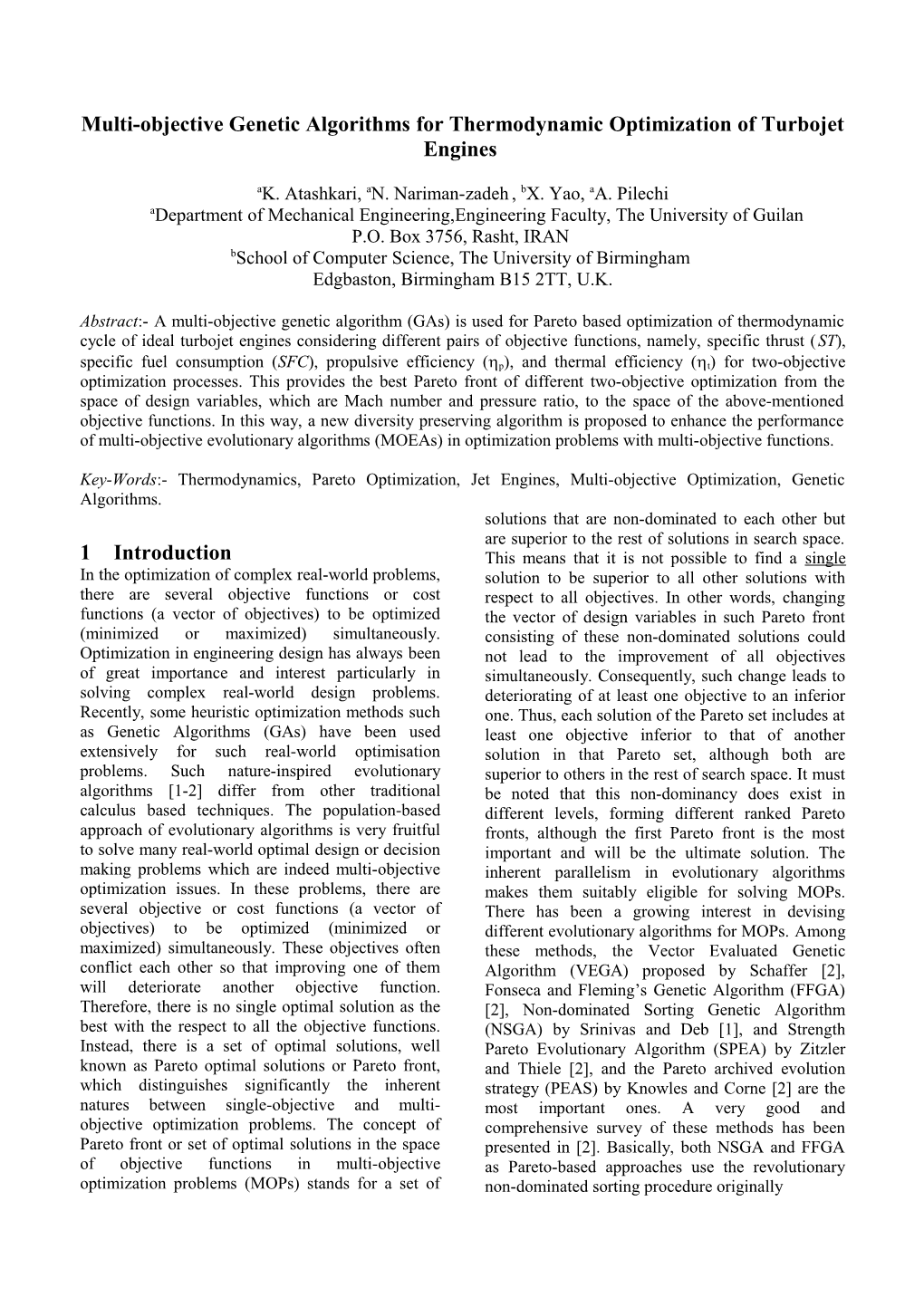 Thermodynamic Pareto Optimization of Turbojet Engines Using Multi-Objective Genetic Algorithms