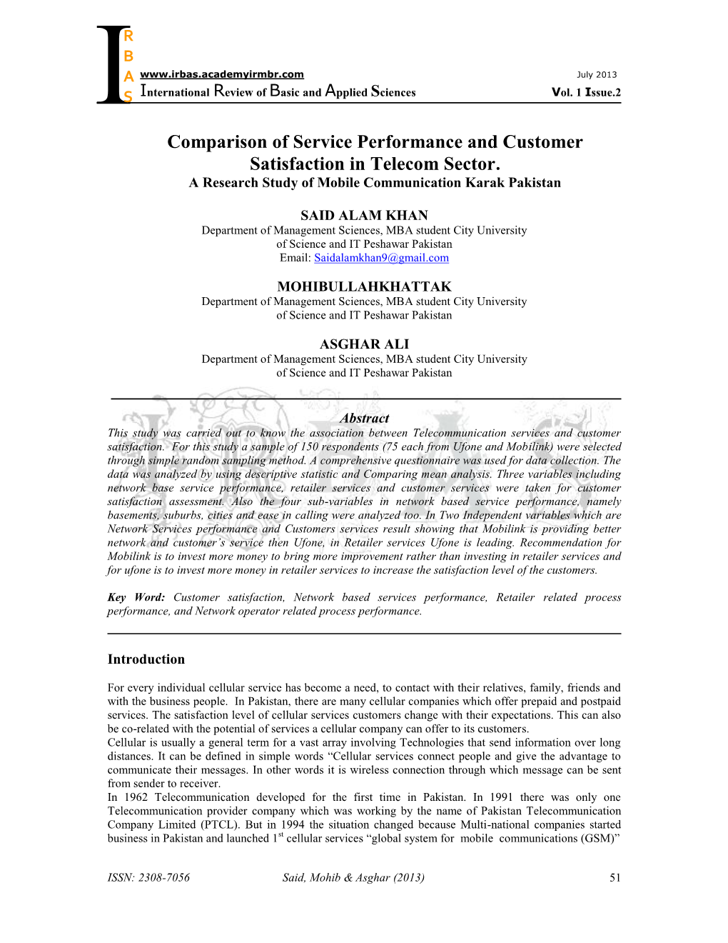 Comparison of Service Performance and Customer Satisfaction in Telecom Sector