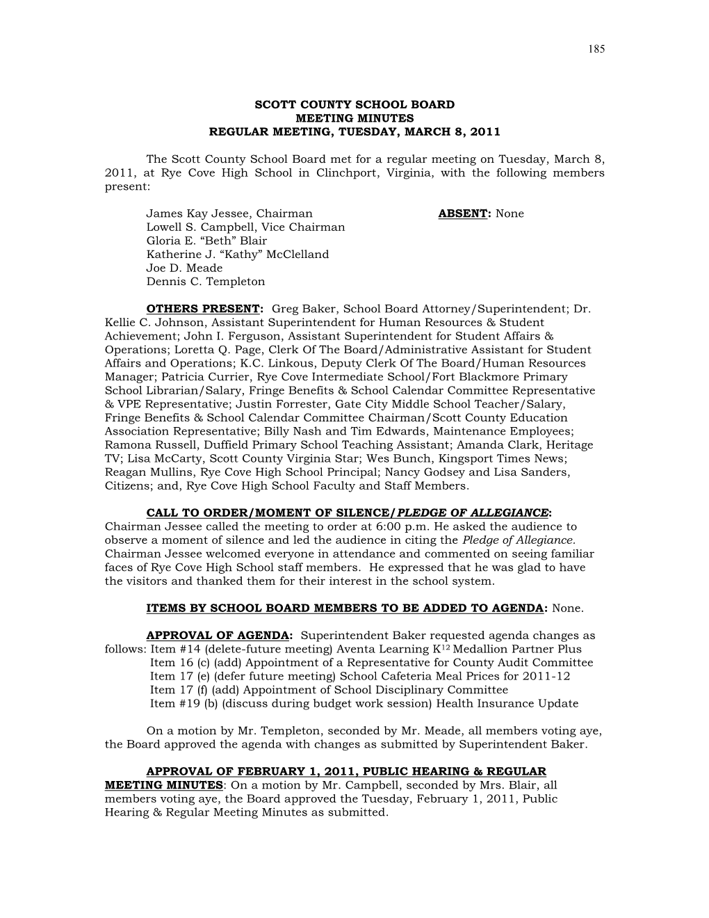 Scott County School Board Meeting Minutes Regular Meeting, Tuesday, March 8, 2011