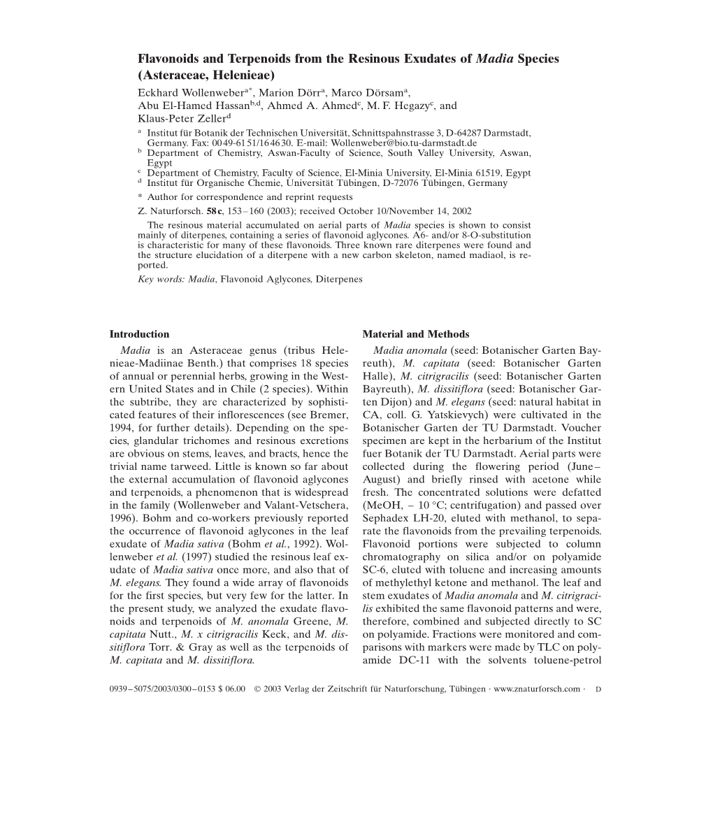 Flavonoids and Terpenoids from the Resinous Exudates of Madia Species (Asteraceae, Helenieae)