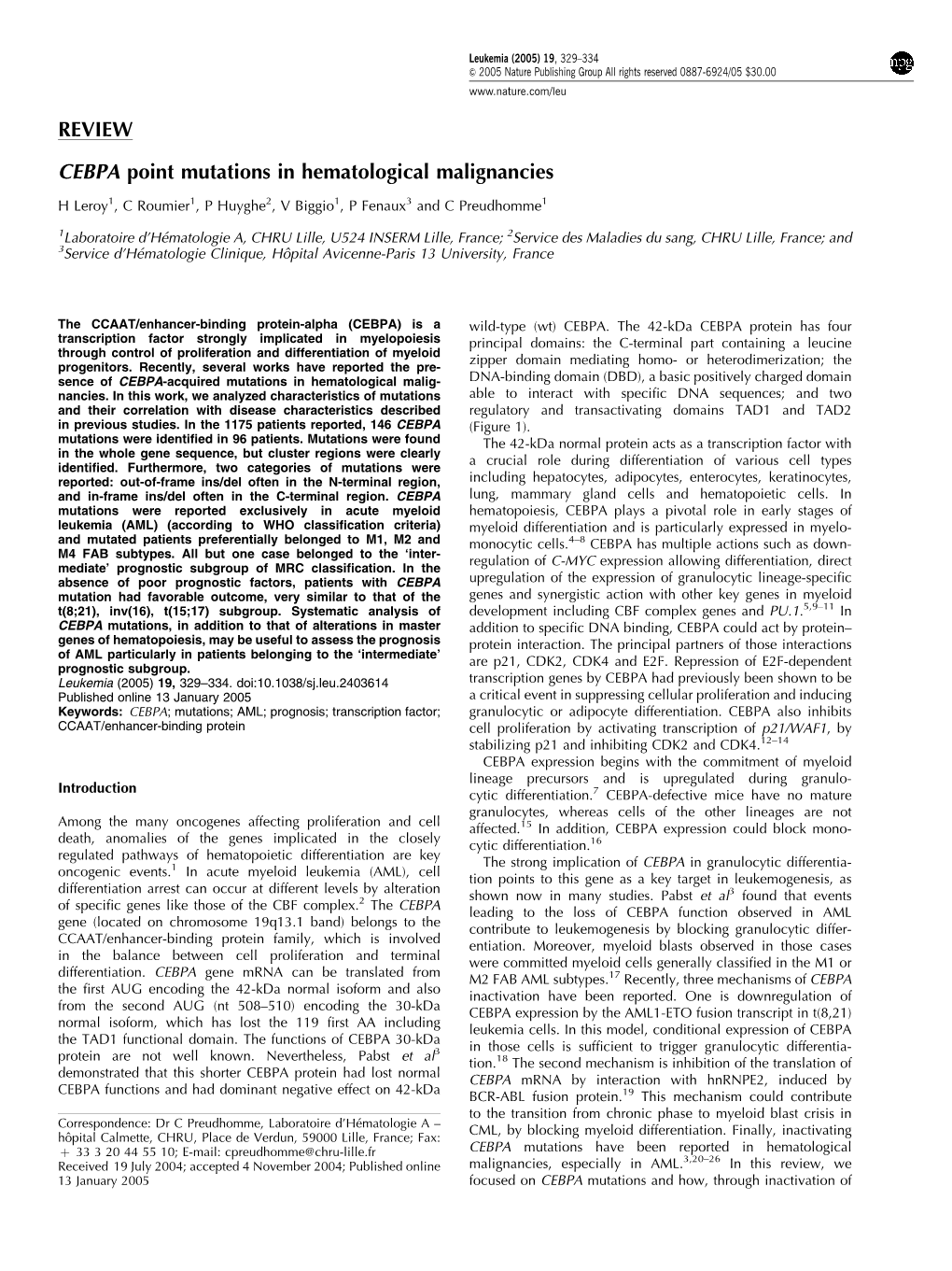 REVIEW CEBPA Point Mutations in Hematological Malignancies