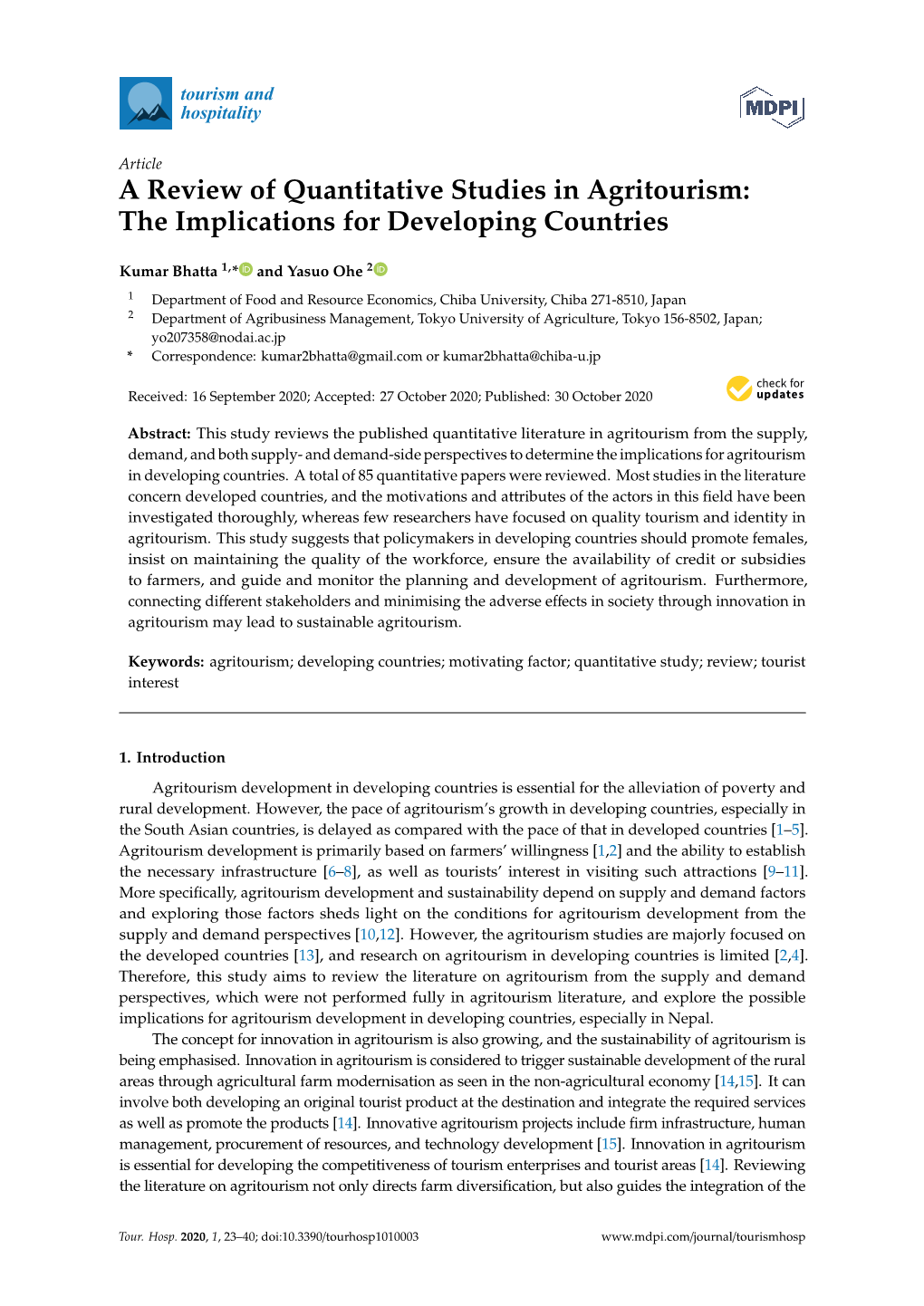 A Review of Quantitative Studies in Agritourism: the Implications for Developing Countries